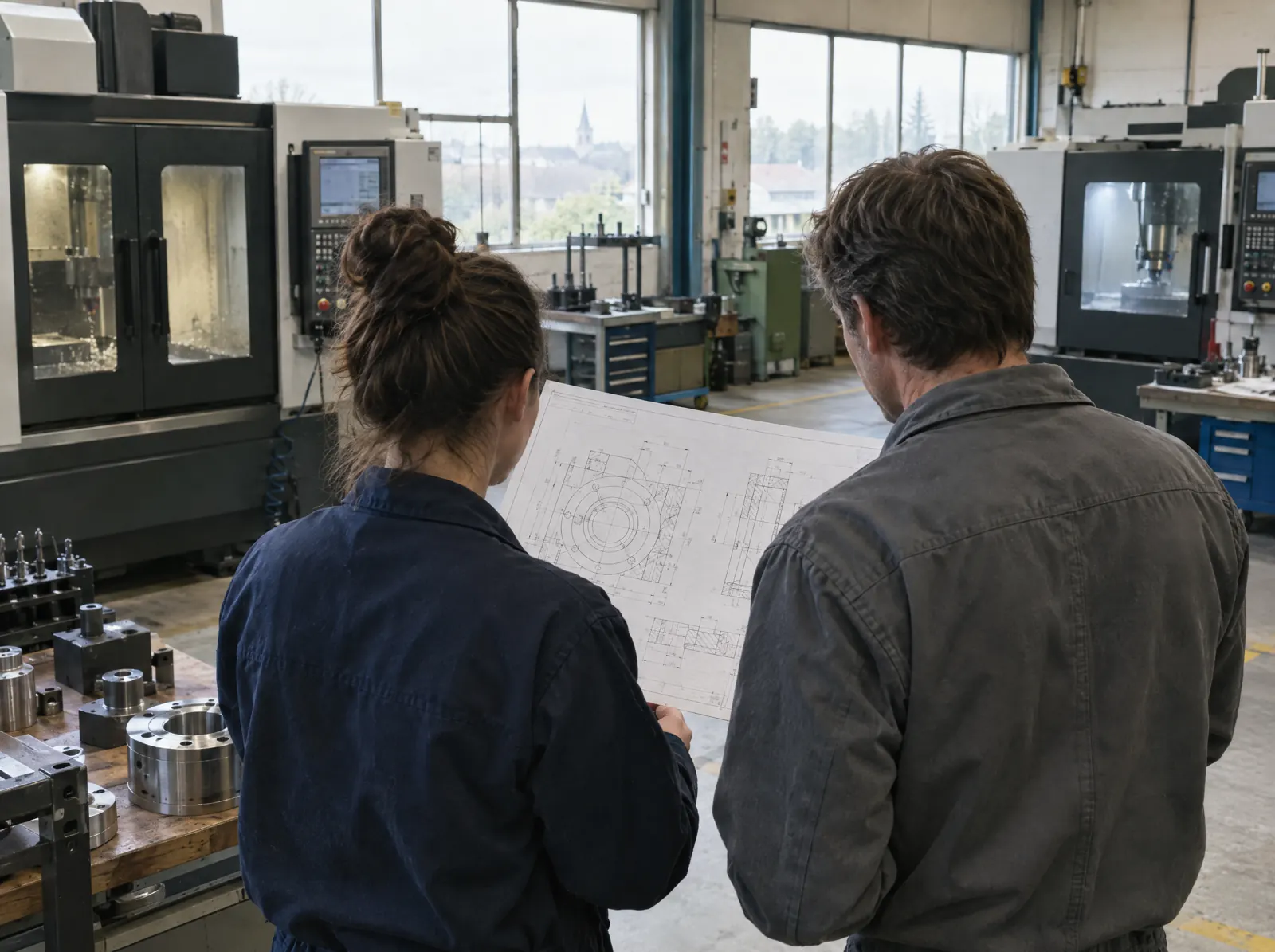 Two technicians reviewing a drawing in a machine shop