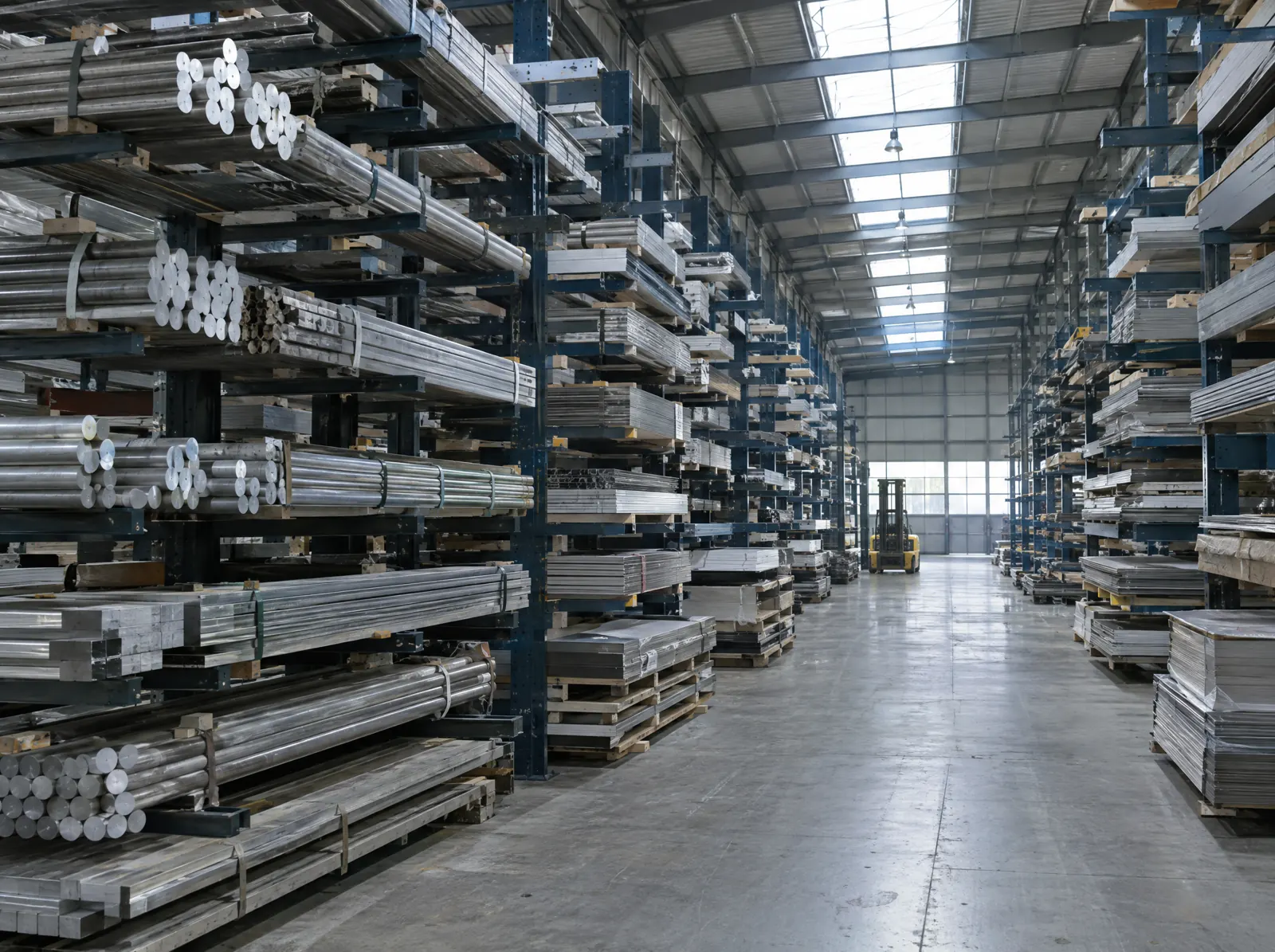 Aluminium bars and sheets stored in a metals warehouse